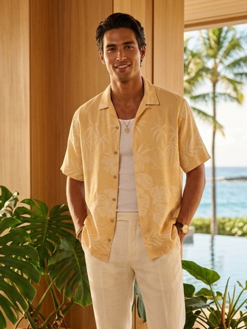 Tommy Bahama 100% Silk Tropical Palm Print Button-Down Shirt